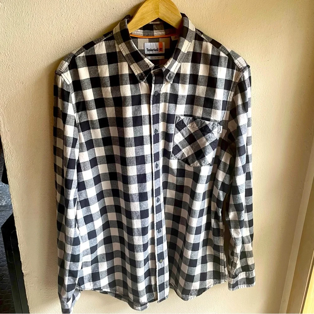 Timberland Flannel/ Chambray Buffalo Check Button-down Shirt. Cream/ Black XL